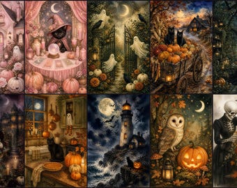Halloween Wall Art Set of 10, Vintage Witch Ghost Raven Pumpkin Prints, Gothic Autumn Decor, Printable Digital Download