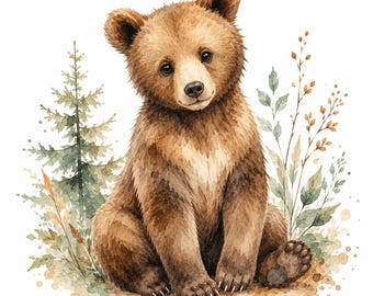 Watercolor Bear Clipart PNG | Woodland Bear Nursery Art | Forest Animal Illustration | Printable Sublimation Design | Digital Download