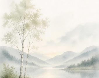 Misty Alpine Lake Watercolor Print, Neutral Mountain Landscape Wall Art, Serene Lake Printable, Soft Sage Nature Decor