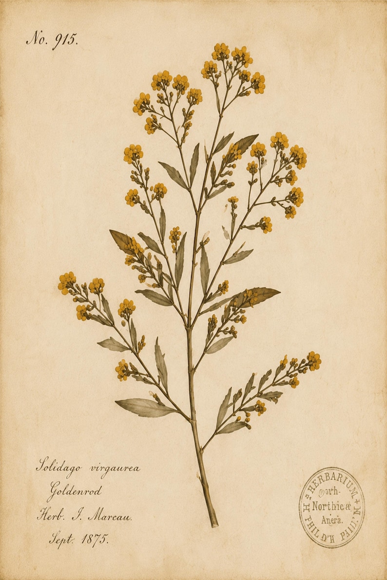 May include: A botanical illustration of a Goldenrod plant with yellow flowers and green leaves on a beige background. Text includes No. 915, Solidago virgaurea, Goldenrod, Herb. J. Marceau, Sept. 1875, and a circular stamp reading Herbarium Northica Phil. D.H.