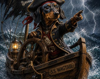 Pirate Dachshund Wall Art, Funny Dog Pirate Print, Nautical Dog Decor, Coastal Wall Art, Pirate Gift, Dog Lover Gift, Beach House