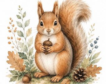 Watercolor Squirrel Printable Wall Art | Woodland Nursery Decor | Cute Forest Animal Print | Autumn Acorn Illustration | Rustic Cottage