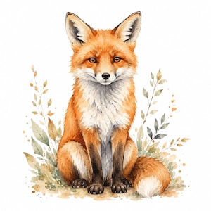 Op de afbeelding: Een aquarelillustratie van een zittende vos met een feloranje vacht, een witte borst en donkerbruine poten. De vos is omringd door delicate, gedempte groene en bruine plantentakjes en bladeren, geplaatst tegen een heldere witte achtergrond.