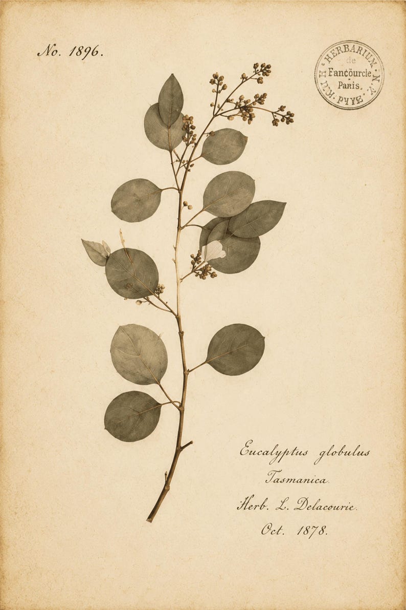 May include: A botanical print on aged paper featuring a pressed Eucalyptus globulus branch with rounded leaves and small buds. The text reads No. 1896, Eucalyptus globulus, Tasmanica, Herb. L. Delacourie, Oct. 1878, and a circular Herbarium de Fancourcle Paris stamp.