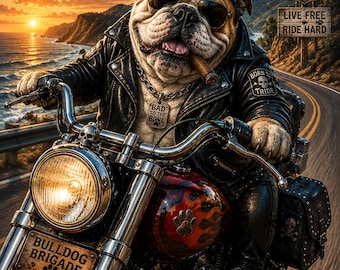 Funny Bulldog Biker Wall Art, Motorcycle Dog Print, Route 66 Decor, Biker Gift, Man Cave Art, Garage Decor, Dog Lover Gift