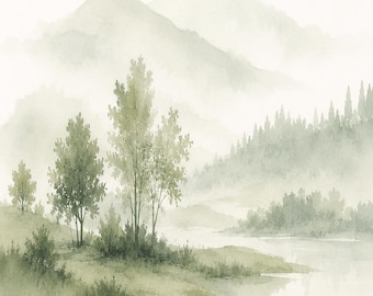 Misty Watercolor Landscape Printable Wall Art | Neutral Mountain Lake Print | Sage Green Nature Decor | Digital Download