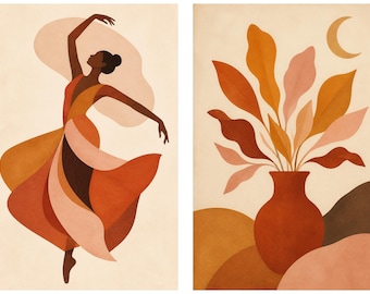 Terracotta Abstract Wall Art Set of 2, Modern Dancer and Vase Prints, Boho Gallery Decor, Instant Download