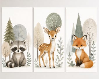 Woodland Nursery Animal Print Set of 3 | Baby Deer Fox Raccoon Wall Art | Neutral Forest Decor | Printable Watercolor Animal Trio |