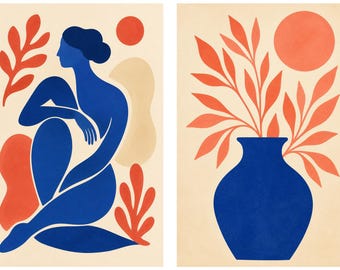 Cobalt Blue and Coral Abstract Wall Art Set of 2, Modern Figure and Botanical Prints, Instant Download