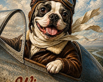 Funny Pilot Dog Wall Art Print, French Bulldog Aviator Poster, Vintage Airplane Pet Decor, Dog Lover Gift, Wingman
