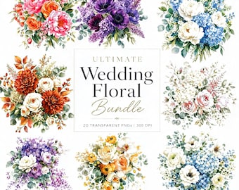 Wedding Floral Clipart Bundle: Watercolor Bouquets for Invitations, Stationery (20 PNGs)