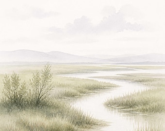 Quiet Tidal Marsh Watercolor Print, Neutral Coastal Landscape Wall Art, Soft Sage Marsh Printable, Serene Nature Decor