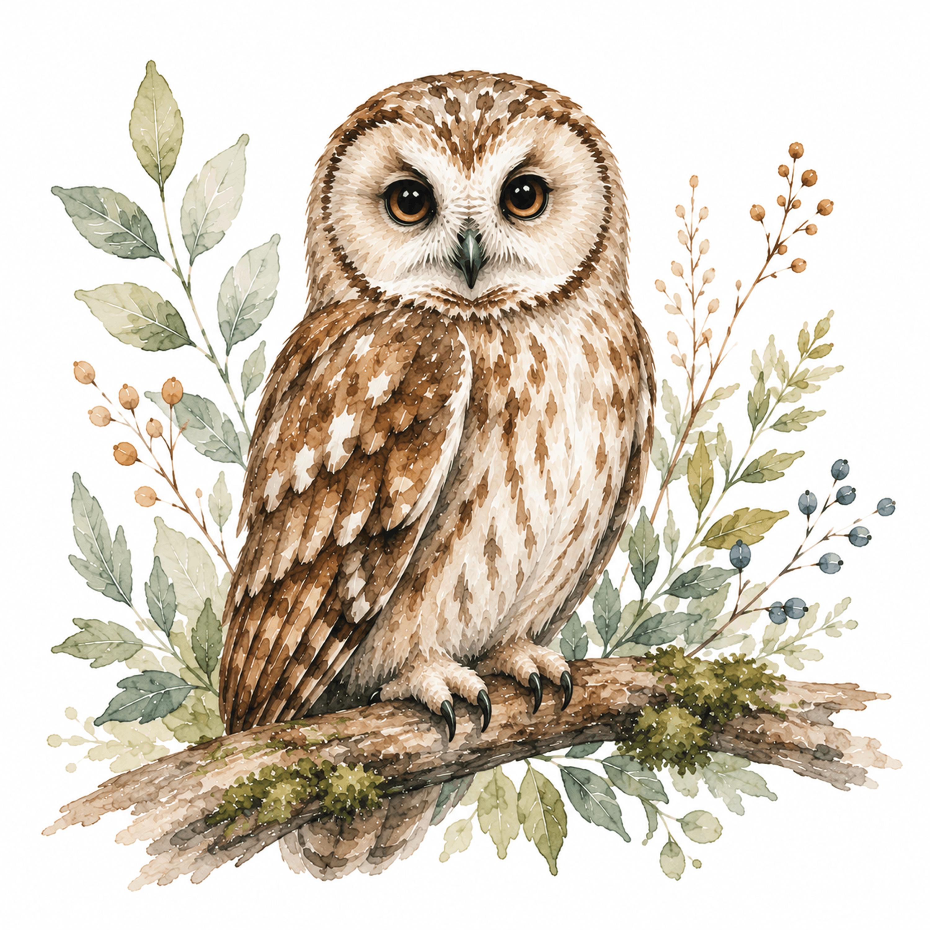 Watercolor Woodland Owl Clipart PNG | Cute Forest Owl Printable | Woodland Nursery Wall Art | Boho A