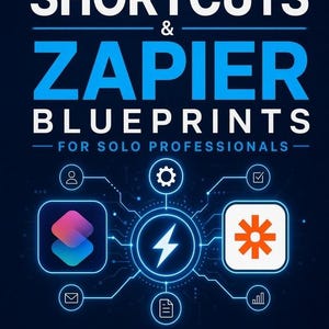 May include: A book cover titled Apple Shortcuts & Zapier Blueprints for Solo Professionals by Bruce Caldwell. The dark blue background features a central lightning bolt icon connected to app logos and workflow symbols with glowing light blue lines.