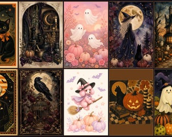 Vintage Halloween Wall Art Bundle, 10 Spooky Printable Art Prints, Pink Halloween and Gothic Decor, Digital Download