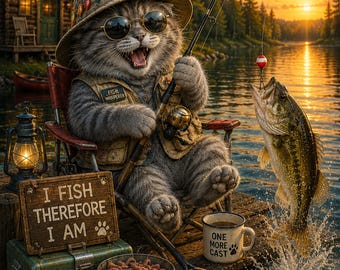Funny Fishing Cat Wall Art, Lake House Decor, Rustic Cabin Print, Fisherman Gift, Funny Cat Lover Art, Fishing Lodge Decor