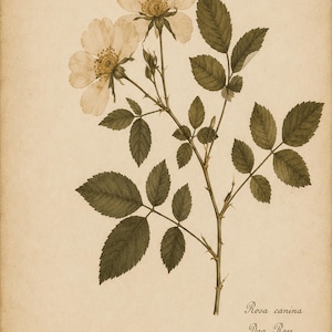 May include: A botanical illustration of a Rosa canina, or dog rose, featuring pale flowers and dark green leaves on a thorny stem. The print includes the text No. 3671, Rosa canina, Dog Rose, Herb. P. Dementier, Mai 1873, and a box with London text.