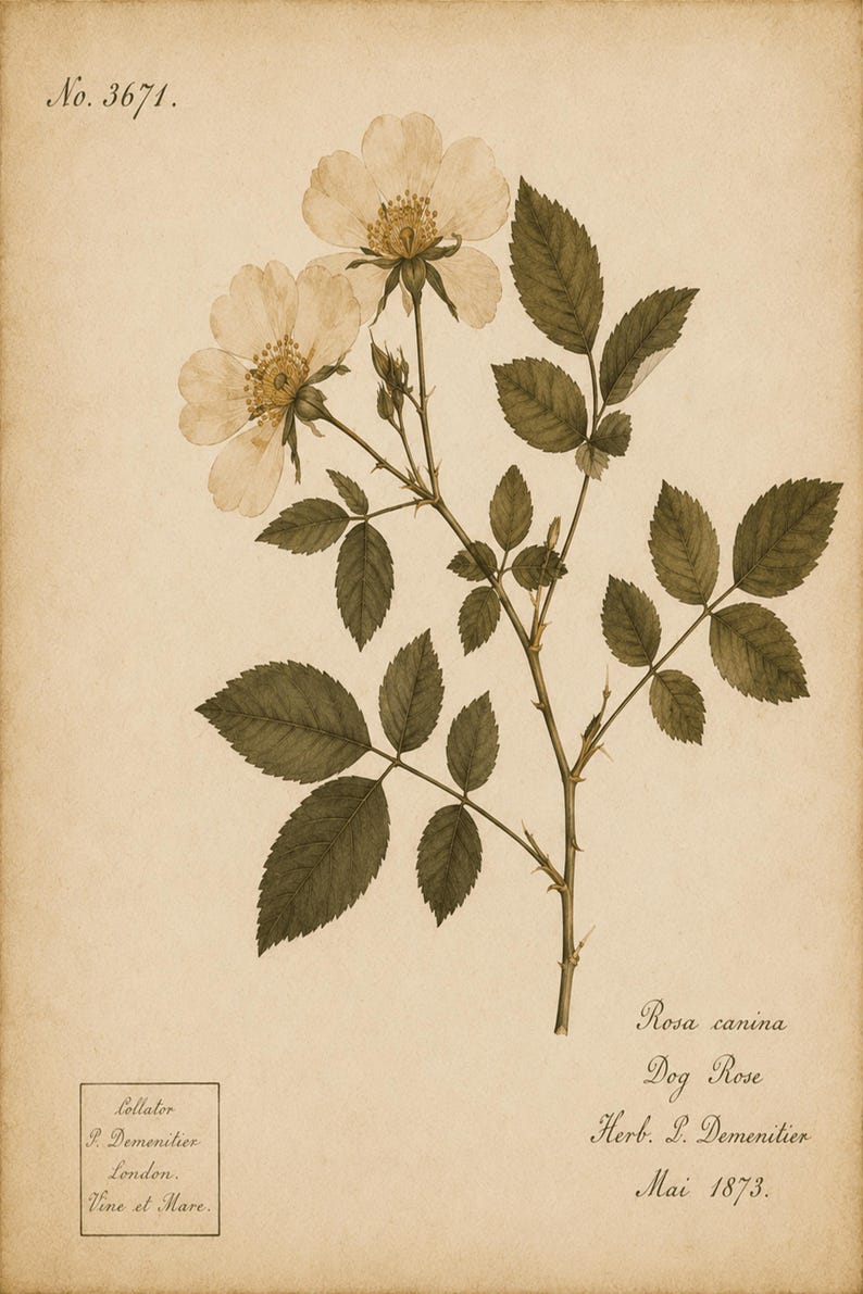 May include: A botanical illustration of a Rosa canina, or dog rose, featuring pale flowers and dark green leaves on a thorny stem. The print includes the text No. 3671, Rosa canina, Dog Rose, Herb. P. Dementier, Mai 1873, and a box with London text.