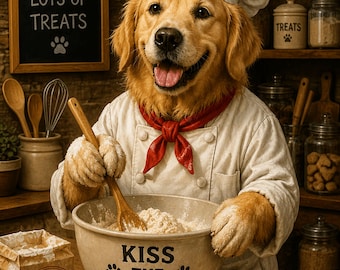 Funny Golden Retriever Chef Wall Art Print, Dog Kitchen Decor, Kiss the Cook Poster, Baking Dog Gift, Pet Lover Download