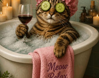 Funny Spa Cat Wall Art Print, Relaxing Tabby Cat Bathroom Decor, Wine Bath Pet Poster, Cat Lover Gift, Meow Relax