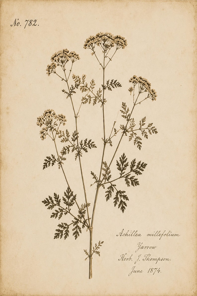 May include: A botanical illustration of Achillea millefolium, or Yarrow, on aged paper. The print features dark brown ink depicting the plant's feathery leaves and flower clusters. Text includes No. 782, Achillea millefolium, Yarrow, Herb. J. Thompson, June 1874.
