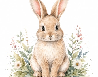 Watercolor Bunny Clipart PNG | Woodland Rabbit Nursery Art | Forest Animal Illustration | Printable Sublimation Design | Digital Download