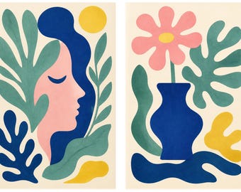 Blue Green Abstract Wall Art Set of 2, Modern Profile and Floral Vase Prints, Colorful Gallery Decor, Instant Download