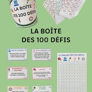 Könnte beinhalten: Ein hellgrüner Kunststoffbehälter mit der Aufschrift LA BOÎTE DES 100 DÉFIS, begleitet von einem Stapel Herausforderungskarten, sechs einzelnen Aufgabenkarten und einer Tabelle mit der Überschrift LE TABLEAU DES 100 DÉFIS, nummeriert von 1 bis 100.