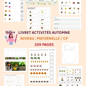 Peut inclure: Un livret d'activités d'automne de 209 pages pour les niveaux maternelle et CP, comprenant des fiches pédagogiques illustrées sur la nature, les animaux et les fruits, avec des exercices de comptage, de lettres et d'écriture.