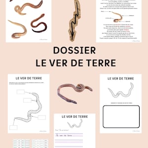 May include: An educational dossier titled LE VER DE TERRE featuring multiple pages with illustrations of earthworms, diagrams labelling anatomy, a cut-and-paste activity, a drawing space, and handwriting practice lines on a light peach background.