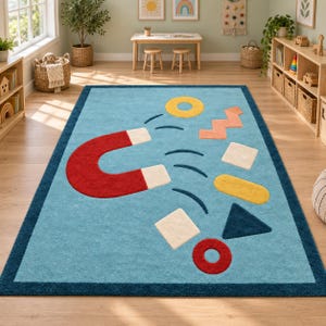 Magnet Magic Hand-Tufted Kids Rug – Blue Rectangular Carpet with Colorful Geometric Shapes