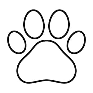 May include: A black and white graphic illustration of an animal paw print. The design features a large, rounded central pad at the bottom with four smaller, oval-shaped toe pads positioned above it, all outlined in a bold, clean black line.