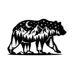 May include: A black and white graphic silhouette of a walking bear. The interior of the bear shape features a detailed landscape scene with white mountains, a dense forest of pine trees, a crescent moon, and scattered stars against a black background.
