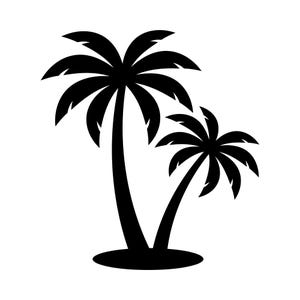 May include: A black silhouette graphic of two palm trees of varying heights, both featuring curved trunks and detailed fronds, anchored together on a solid black oval base against a plain white background.