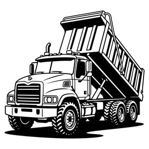 May include: A black and white graphic illustration of a heavy-duty dump truck. The vehicle is depicted in a side profile view with its large cargo bed tilted upward in the raised position. The design features bold lines, thick tires, and a cab.