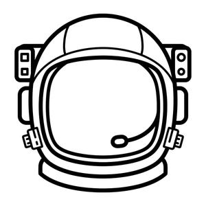 May include: A black and white line art illustration of an astronaut helmet. The helmet features a large central visor, side communication modules with rectangular details, and a small microphone boom extending into the lower right of the visor area.