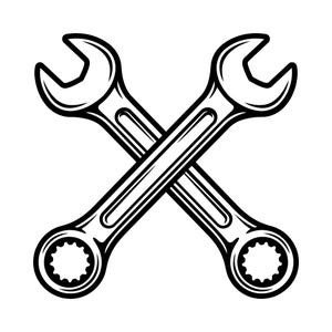 May include: A black and white graphic illustration of two metal wrenches crossed in an X shape. Each wrench features an open-ended head on one side and a closed-end ratcheting box head on the other, with bold outlines and high-contrast shading.