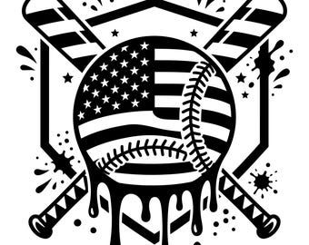 May include: A black and white graphic illustration featuring a baseball with an American flag pattern, positioned in front of two crossed baseball bats. The design includes a home plate outline, star accents, and a dripping liquid effect.