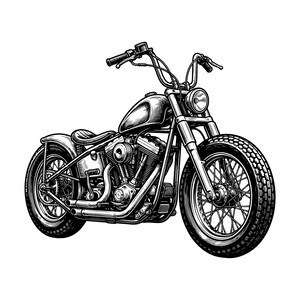 May include: A black and white ink-style illustration of a custom motorcycle featuring a large fuel tank, a prominent V-twin engine, high-rise handlebars, a single seat, and spoked wheels with thick tires, rendered with detailed cross-hatching.