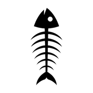 Pode incluir: Uma ilustração gráfica preta de um esqueleto de peixe com uma cabeça triangular com um recorte circular para o olho, uma espinha central, seis pares de costelas curvas para fora e uma barbatana caudal bifurcada sobre fundo branco.