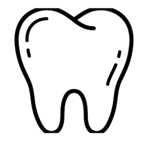 May include: A black and white line art illustration of a human tooth. The graphic features a bold black outline forming the shape of a molar with two roots at the bottom and a rounded crown at the top, including small dash marks for detail.
