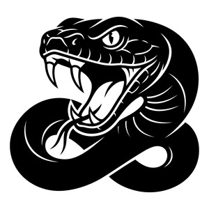 Può includere: Un'illustrazione grafica in bianco e nero ad alto contrasto di un serpente avvolto con la bocca spalancata, che rivela zanne affilate e una lingua biforcuta. Il design presenta linee audaci e squame stilizzate in una posa aggressiva.
