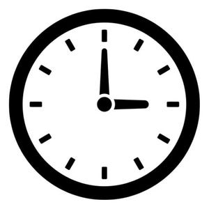 May include: A black and white clock icon featuring a circular frame with twelve hour markers. The minute hand points directly to the twelve o'clock position, while the hour hand points to the three o'clock position, indicating the time is three o'clock.