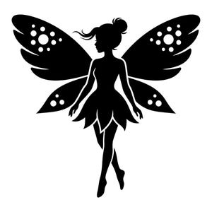 May include: A black silhouette graphic of a fairy with large, detailed wings featuring circular cutouts. The figure has a hair bun, a petal-shaped skirt, and is depicted in a standing pose with wings spread wide against a plain white background.