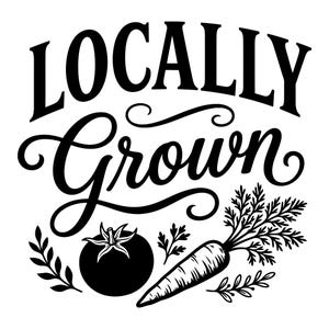 Może przedstawiać: Czarno-biały projekt graficzny z napisem LOCALLY GROWN wykonanym połączeniem pogrubionej czcionki szeryfowej i kursywy. Pod tekstem znajduje się czarny pomidor oraz szczegółowa ilustracja marchewki z zieloną natką.