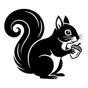 May include: A black and white graphic illustration of a squirrel in profile, facing right. The squirrel has a large, curved, bushy tail and is holding a small acorn in its front paws. The design features bold, solid black shapes with white accents.