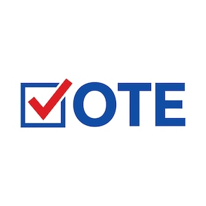 May include: The word VOTE written in bold blue capital letters, where the letter V is replaced by a blue square containing a red checkmark. The design features clean lines and a high-contrast color scheme on a plain white background.