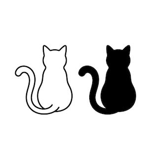 Könnte beinhalten: Zwei Katzensilhouetten von hinten gesehen, eine als einfache schwarze Kontur und die andere als ausgefüllte schwarze Form dargestellt. Beide Figuren haben spitze Ohren und einen langen, nach links gebogenen Schwanz auf weißem Grund.