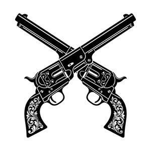 Könnte beinhalten: Eine schwarz-weiße grafische Illustration von zwei Revolvern, die in einer X-Form angeordnet sind. Jede Schusswaffe verfügt über einen langen Lauf, eine Trommel und einen Griff, der mit komplizierten, geschwungenen Blumenranken verziert ist.