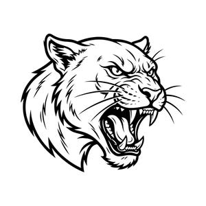 May include: A black and white graphic illustration of a snarling panther head in profile. The design features bold, clean lines depicting the feline with its mouth wide open, baring sharp teeth and fangs, with detailed whiskers and fur texture.